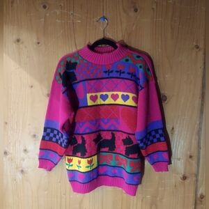 ROSE Vintage Scottie Dog & Heart Multicolor Mock Neck Knit Long Sleeve Sweater